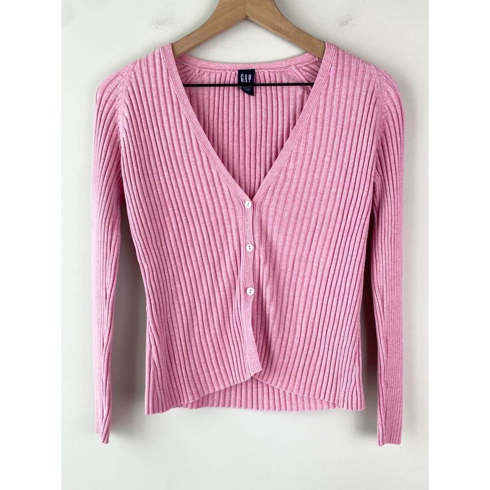 Y2K Gap Womens‎ Ribbed Cardigan S Pink V Neck Coquette Preppy Academia Barbie